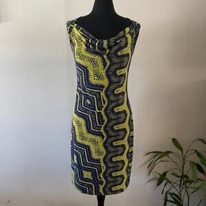 Evan Picone Sleeveless Sheath Dress Size 16 Yellow Blue Geometric Cowl